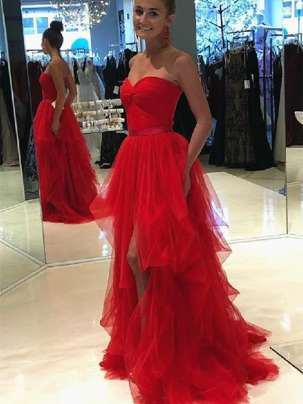Best Price of the Season!Sweetheart Long A-line Red Tulle Prom Dresses, Hi-low Prom Dresses, Popular Prom Dresses