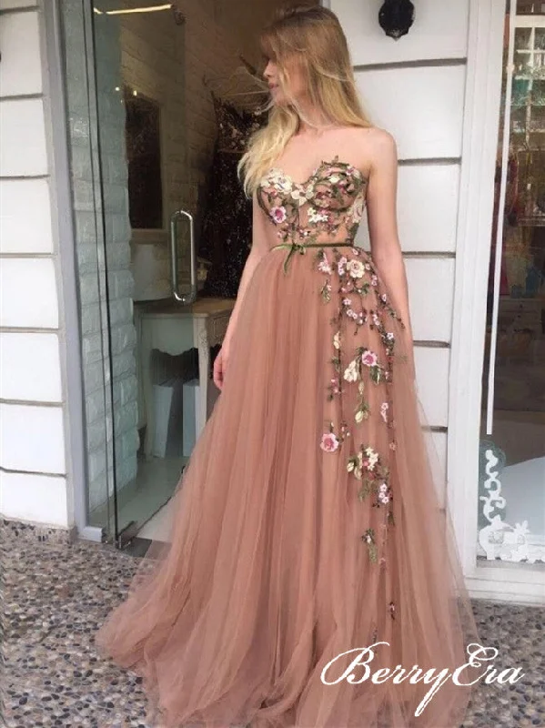 Biggest Sale of the Season!Sweetheart Long A-line Tulle Appliques Long Prom Dresses, Newest Prom Dresses