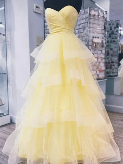 Hot Deals You Can’t Resist!Sweetheart Long A-line Yellow Tulle Prom Dresses, Layers Prom Dresses, 2020 Prom Dresses