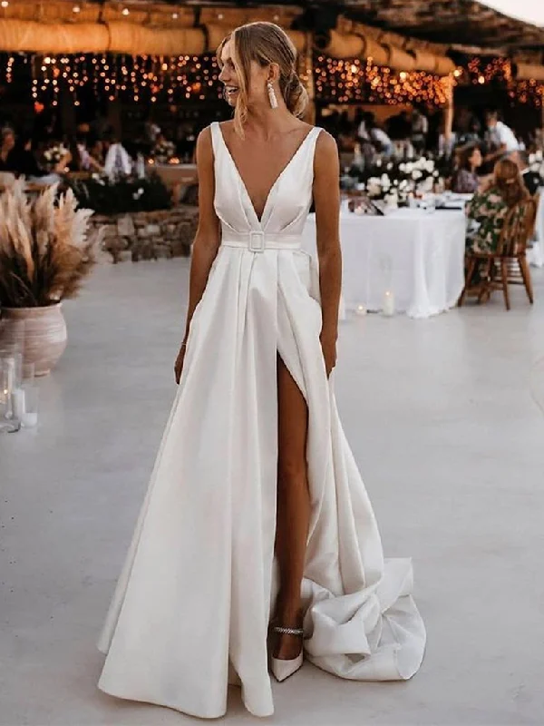 Your Exclusive Offer Awaits!V Neck and V Back White Satin Long Prom Dresses with High Slit      cg23712