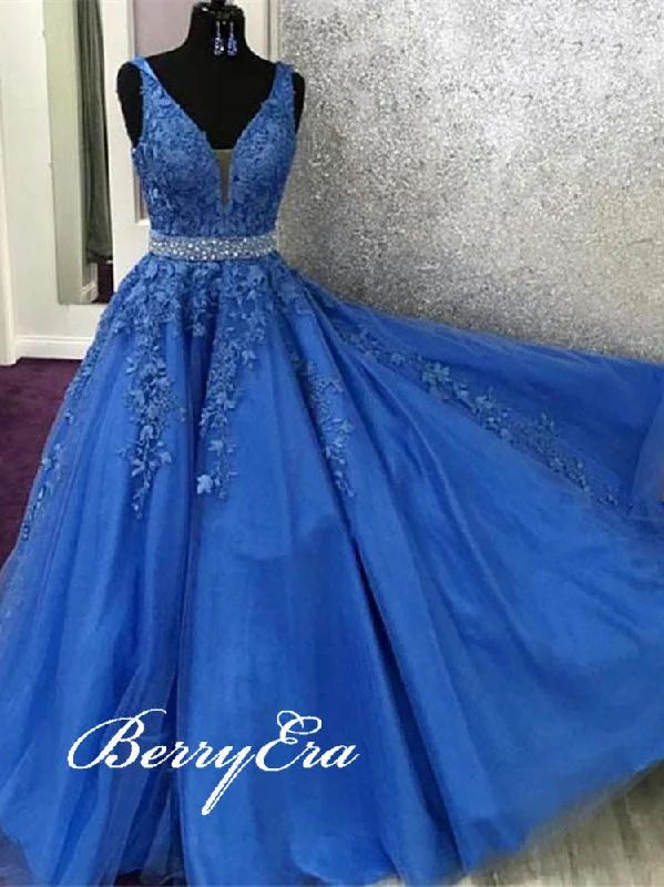 Grab Yours Before It’s Too Late!V-neck Blue Lace Beaded Long Prom Dresses, Newest Prom Dresses