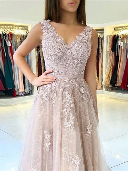 Your Exclusive Offer Awaits!V-neck Long A-line Lace Tulle Prom Dresses, Lovely Prom Dresses, 2020 Prom Dresses