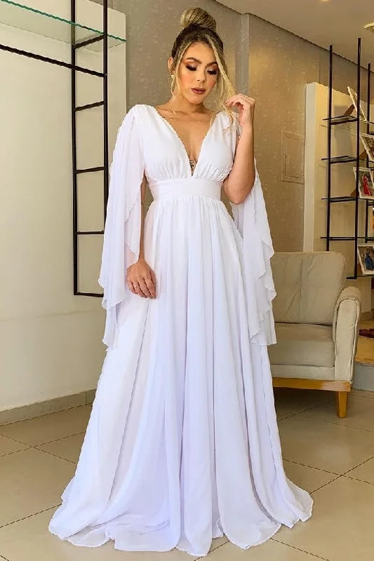 Exclusive Deals Just for You!V-neck White Chiffon Prom Dresses with Ribbons