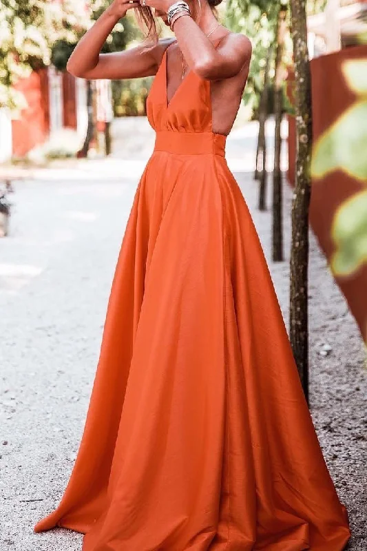 Limited-Time Price Drop!V-neckline Satin Orange Prom Dresses Floor Length