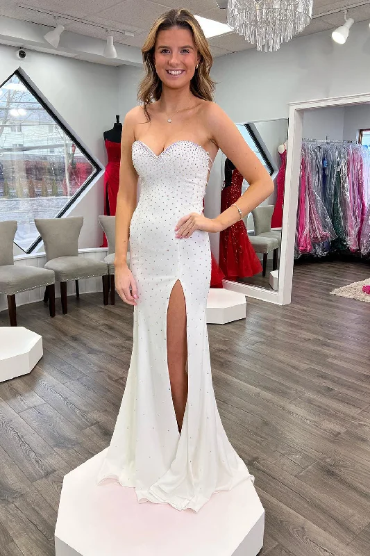 Your Best Deals Are Here!White Mermaid Sweetheart Long Prom Dress With Slit