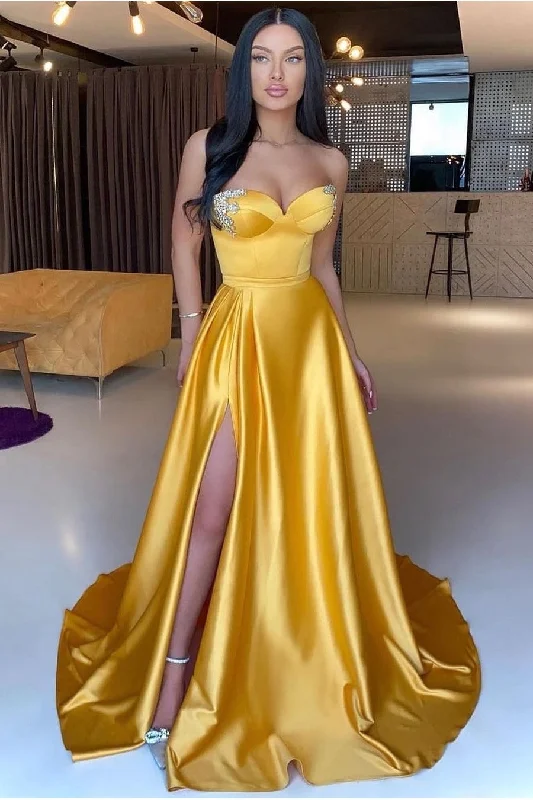 Amazing Prices You Can’t Resist!Yellow Satin Prom Gown with Rhinestones Sweetheart Neckline