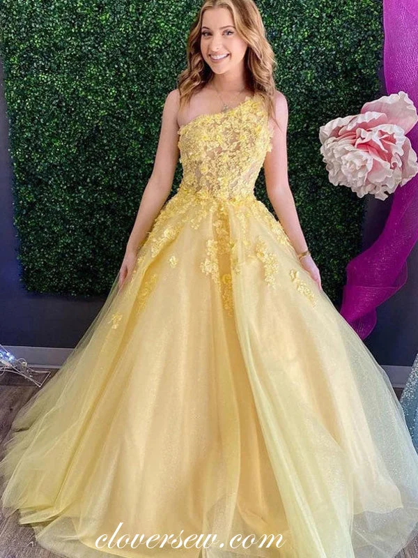 Find the Best Deals Here!Yellow Tulle Applique One Shoulder Prom Dresses For Teens ,CP0842