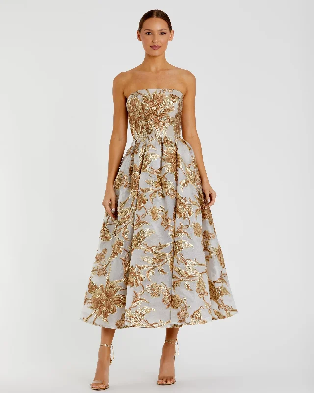 Savings You Can’t Ignore!Strapless Brocade Midi Dress with Pockets