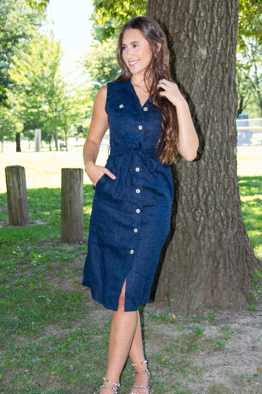Find the Best Deals Here!Ahoy There Navy Linen Midi Dress