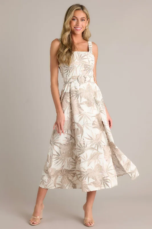 New Discounts Just Dropped!As You Know Tan Tropical Print Belted Midi Dress
