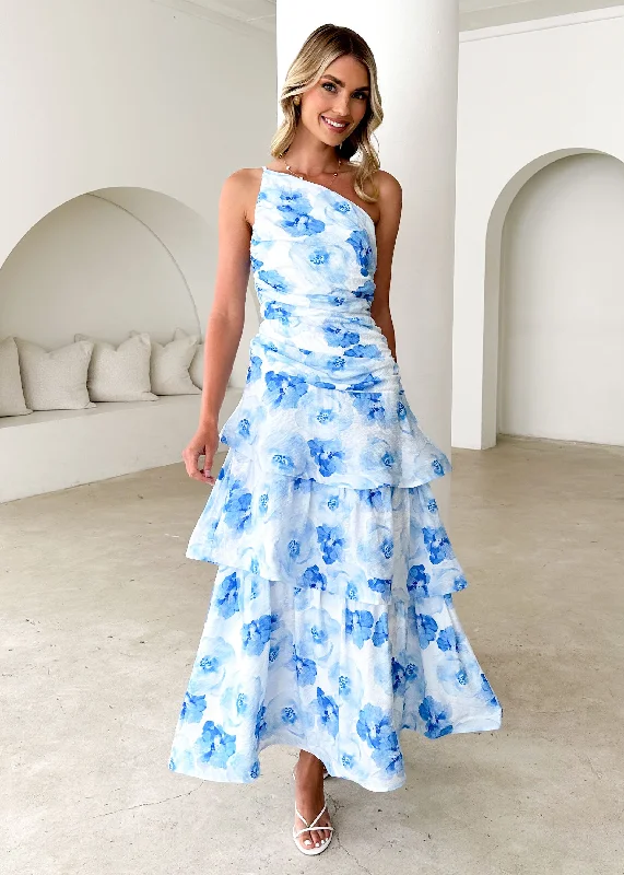 Hurry, Sale Ends Soon!Aspra One Shoulder Midi Dress - Blue Flowers