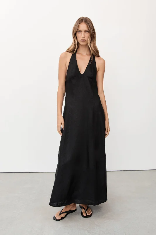 Best Price of the Season!AUDREY BLACK HALTER LINEN MIDI DRESS