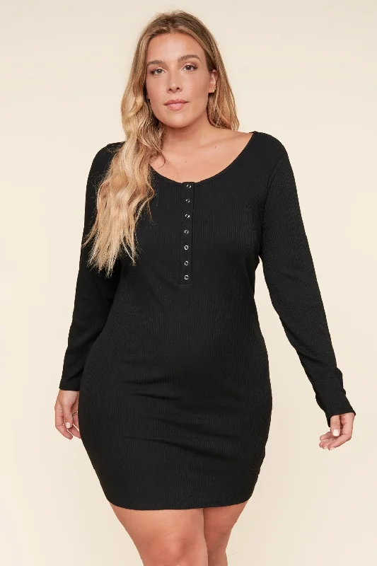 Buy One, Get One Free!Avignon Ribbed Knit Long Sleeve Henley Mini Dress Curve