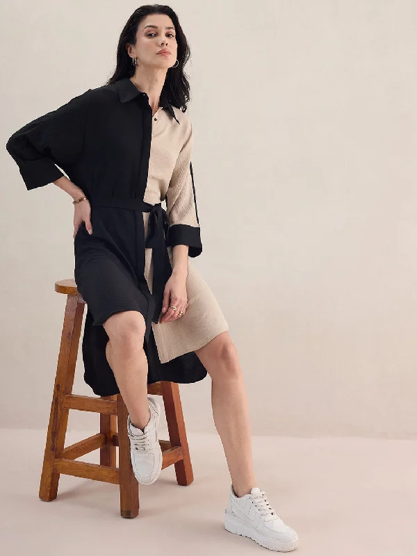 Hurry, Sale Ends Soon!Black And Beige Button Down Midi Dress