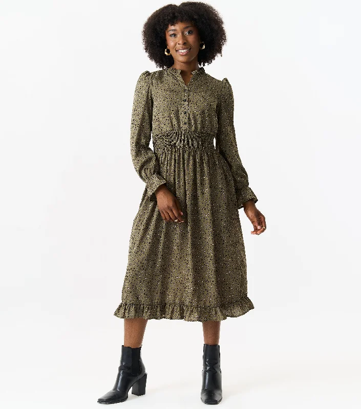 Hot Deals You Can’t Resist!Khaki Animal Print Gathered Waist Midi Dress
