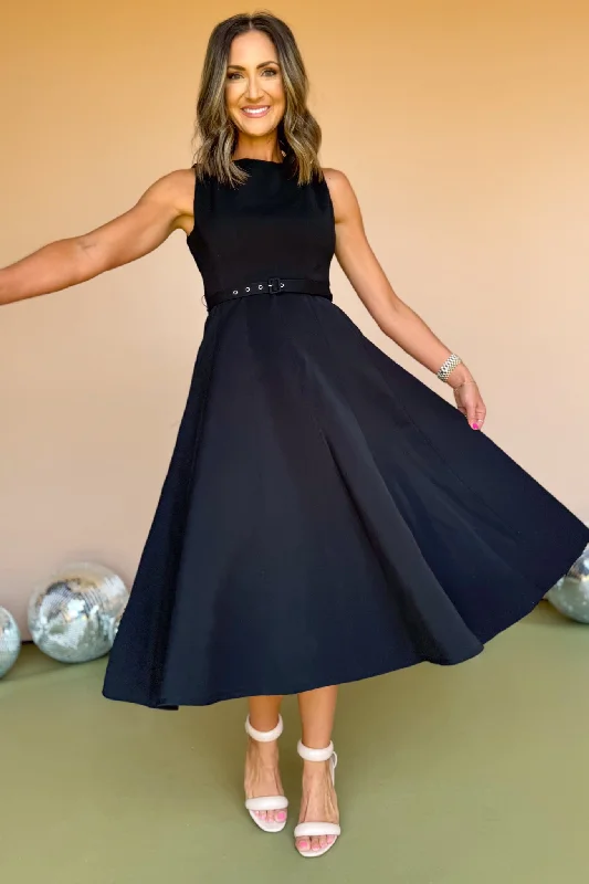 Your Favorite Items on Sale Now!Black Boat Neck Self Belt Full Skirt Midi Dress *FINAL SALE*