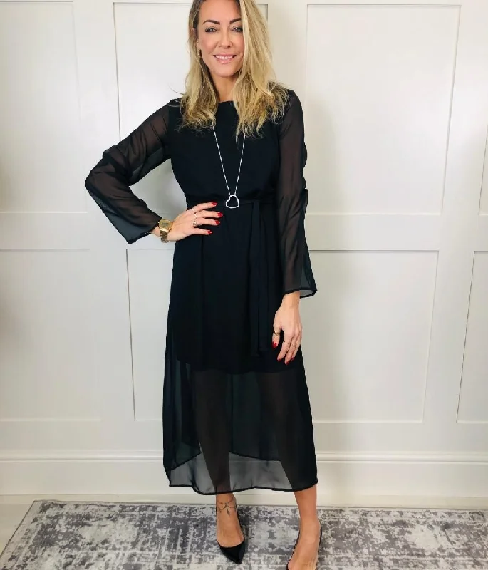 Act Fast – Limited Time Savings!Black Chiffon Layered Midi Dress