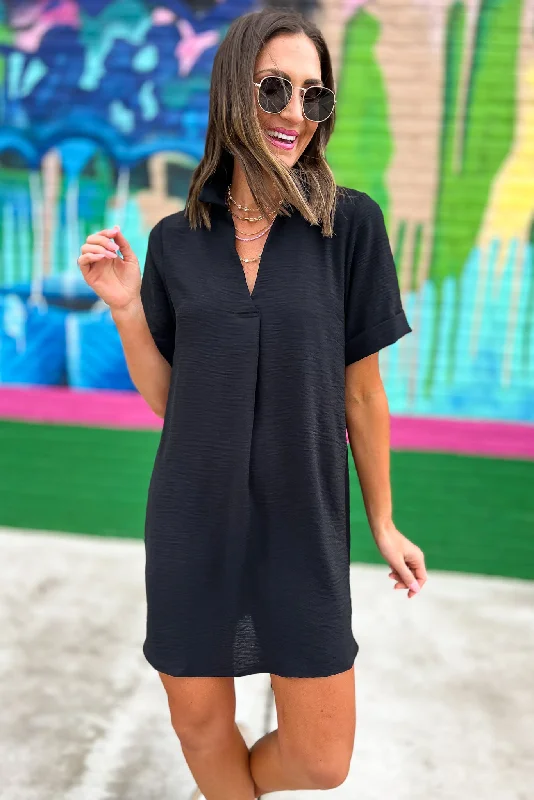 Bigger Savings, Better Shopping!Black Collared V Neck Rolled Sleeves Shift Dress