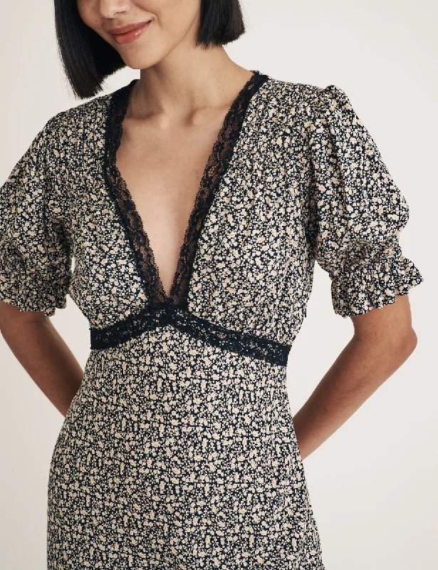 Score Huge Discounts Today!Black Floral Lace Detail Angela Midi Dress