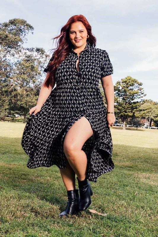 One Day Only – Huge Savings!Black Geo Midi Dress Short Sleeve Shirt Tiered