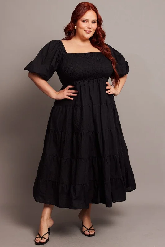 Buy More, Pay Less!Black Midi Dress Short Sleeve Tie Back Tiered
