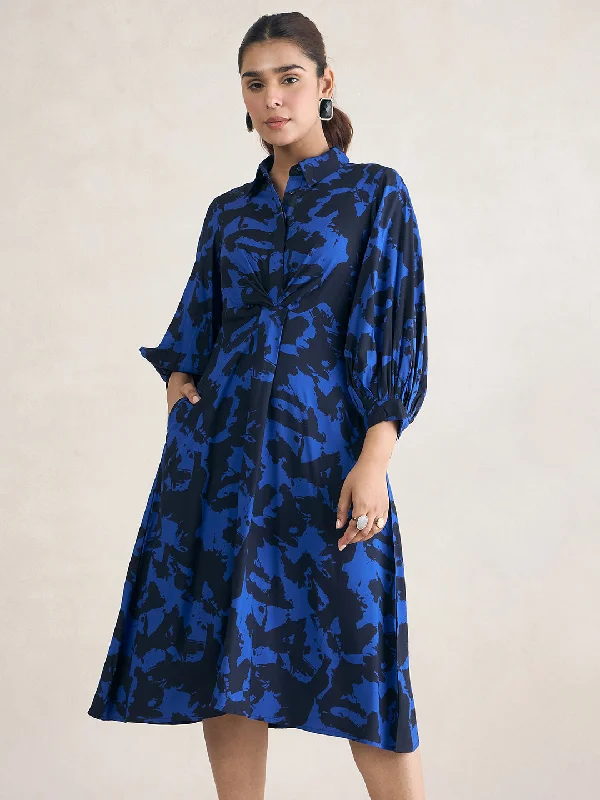 Special Discounts Inside!Blue Abstract Printed Shirt Midi Dress