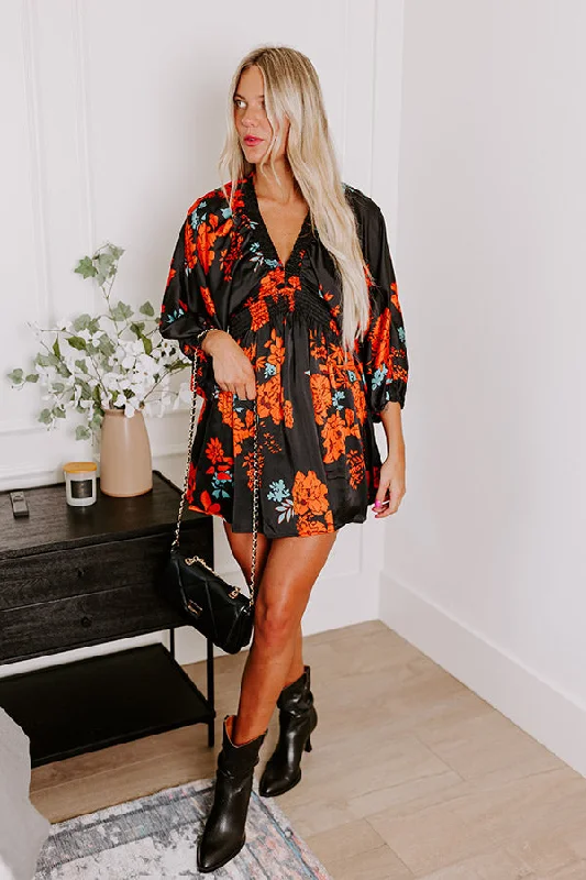 Save Money, Shop Happy!Botanical Bliss Satin Mini Dress in Black