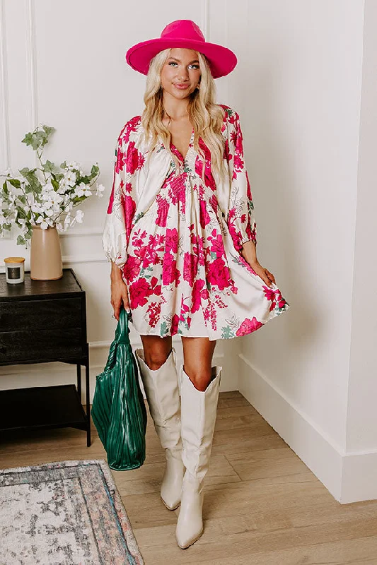 Find Your Perfect Deal Today!Botanical Bliss Satin Mini Dress in Cream