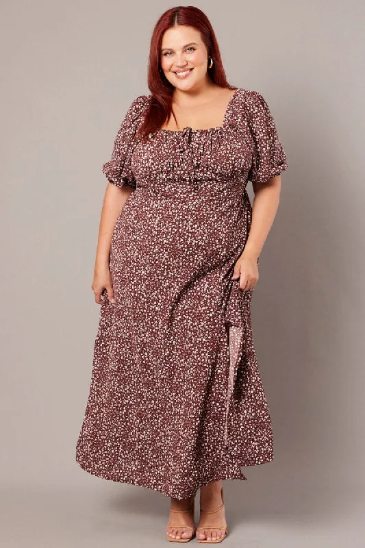 Flash Deals – Act Quickly!Brown Ditsy Midi Dress Short Sleeve Side Split