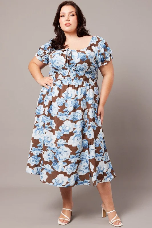 Limited-Time Price Drop!Brown Floral Midi Dress Short Sleeve Ruched Bust