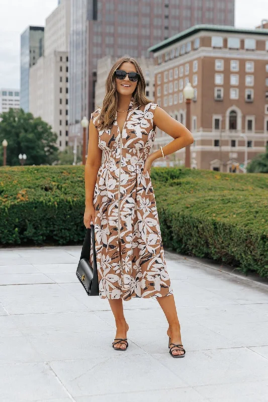 Hurry! While Supplies Last!Brown Floral Zip Up Midi Dress
