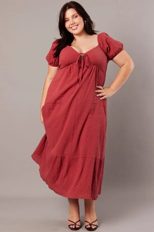 Hurry, Sale Ends Soon!Brown Midi Dress Short Sleeve Tie Front