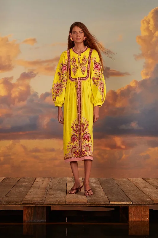 Shop the Hottest Deals!Yellow Embroidered Garden Tapestry Midi Dress