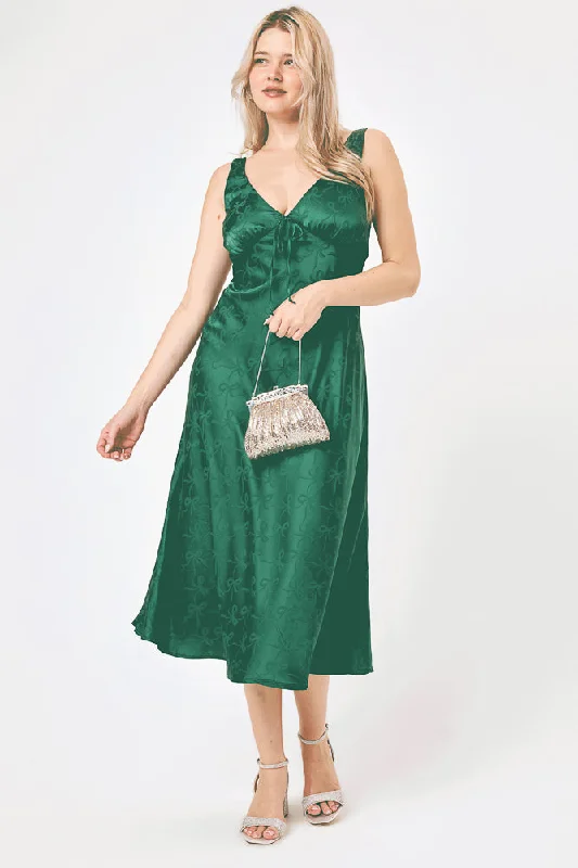 Biggest Sale of the Season!Emerald Satin Bow Jacquard Midi Dress
