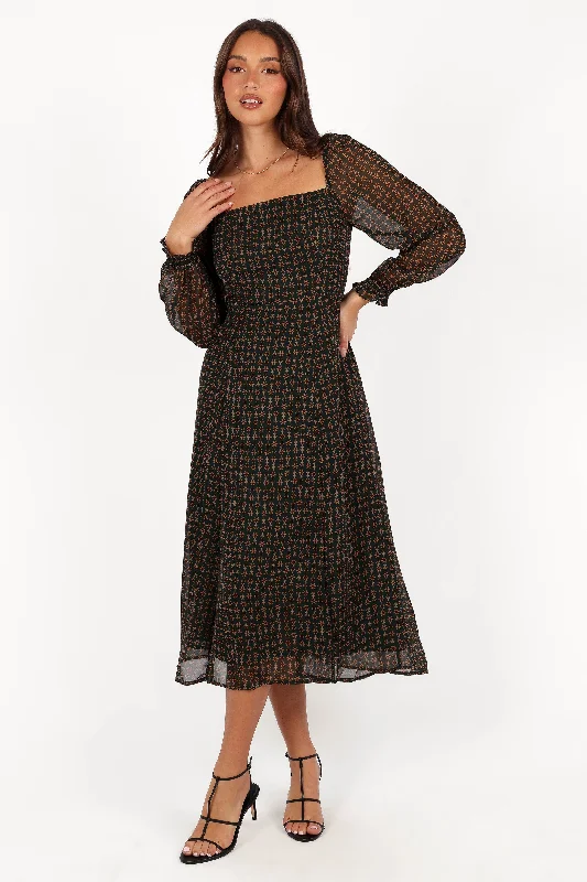 Hot Deals You Can’t Resist!Ettie Long Sleeve Midi Dress - Pine/Tan