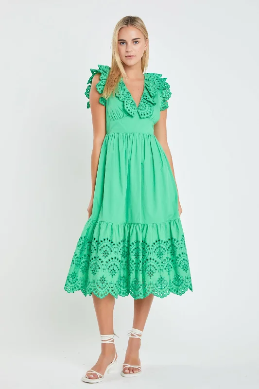 Snag the Best Prices Now!Eyelet Scallop Detail Midi Dress