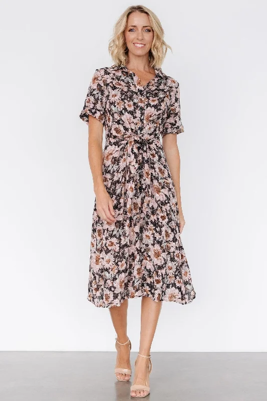 Biggest Sale of the Season!Feya Button Midi Dress | Black + Mauve Floral