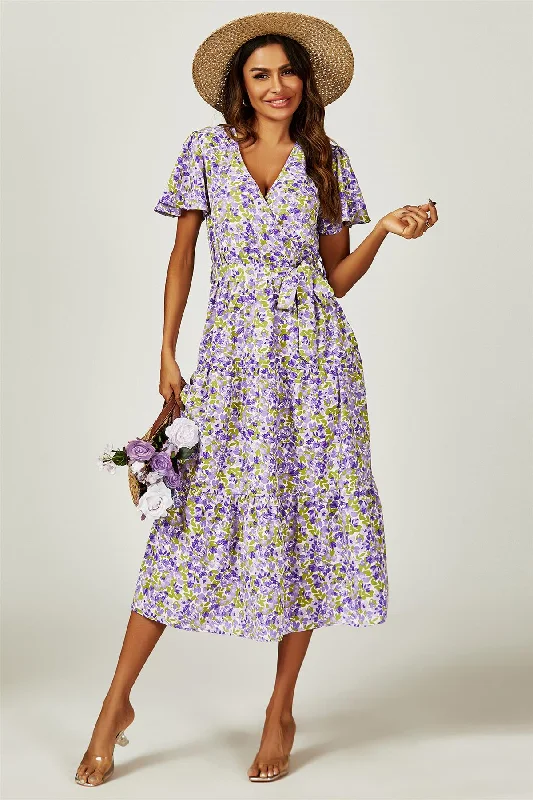 Score Huge Discounts Today!Floral Print Hem Tiered Wrap Midi Dress In Purple