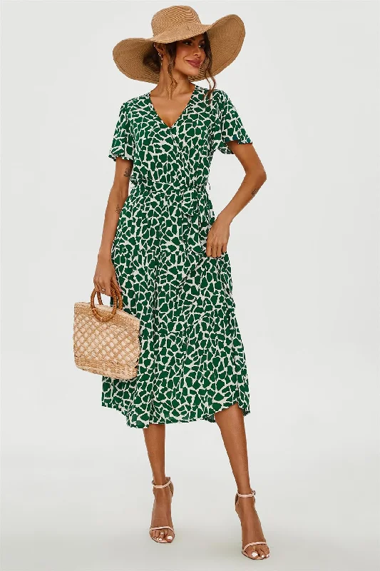 Price Drops You’ll Love!Geo Print Hem Tiered Wrap Midi Dress In Green