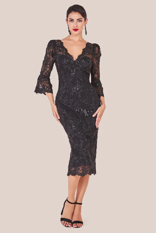 Seasonal Sale – Shop Now!Goddiva Sequin Scallop Lace Midi Dress - Black