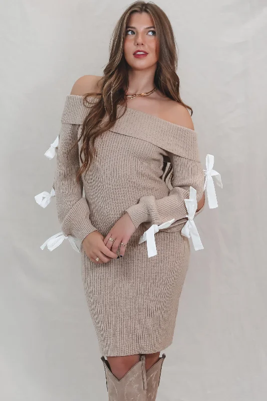 Buy More, Pay Less!Got A Crush On You Taupe Knit Off The Shoulder Bow Dress
