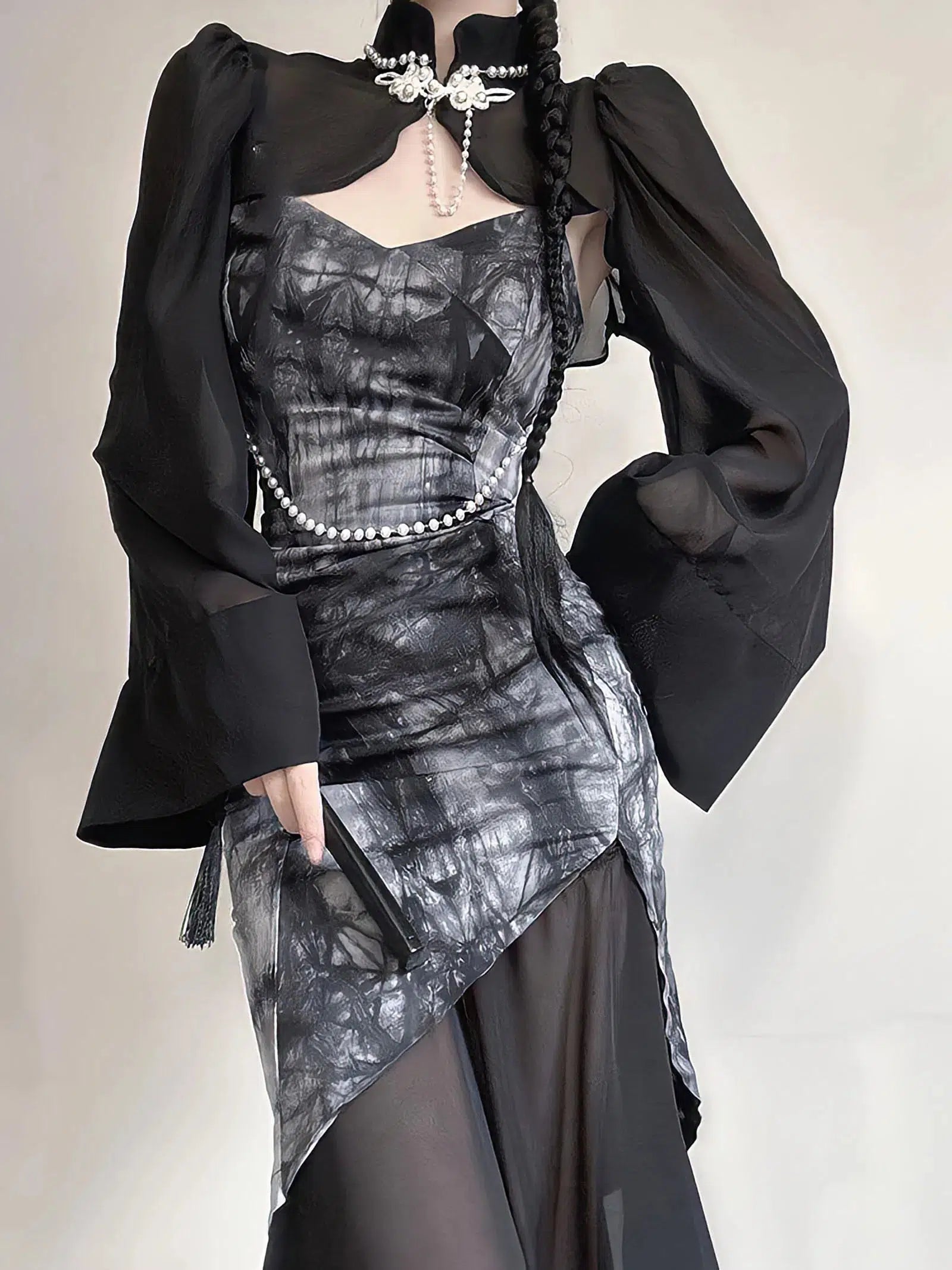 Flash Sale – Act Fast!Goth Wide Sleeve Qipao Midi Dress