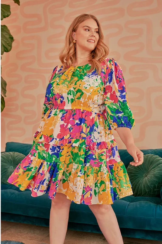 Great Deals, Just for You!Gypsum Floral Print Heartfelt Ruffle Dress Curve