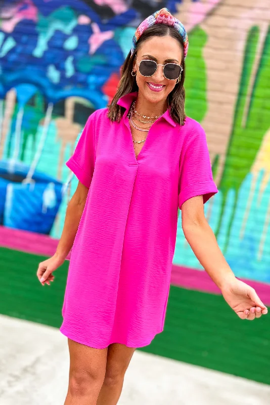 Save Like Never Before!Hot Pink Collared V Neck Rolled Sleeves Shift Dress