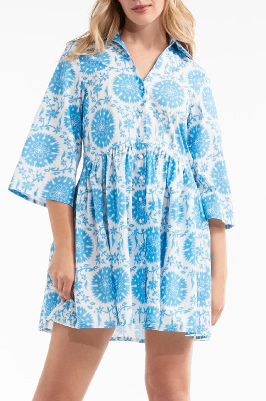 Instant Savings Await!Katie Collared Mini Shirt Dress in Medallion Blue- FINAL SALE