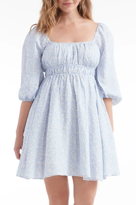 Every Deal is a Steal!Lala Cinched Long Sleeve Mini Dress in Blue Floral- FINAL SALE