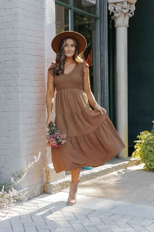 Time to Snag a Bargain!Laney Brown Smocked Midi Dress
