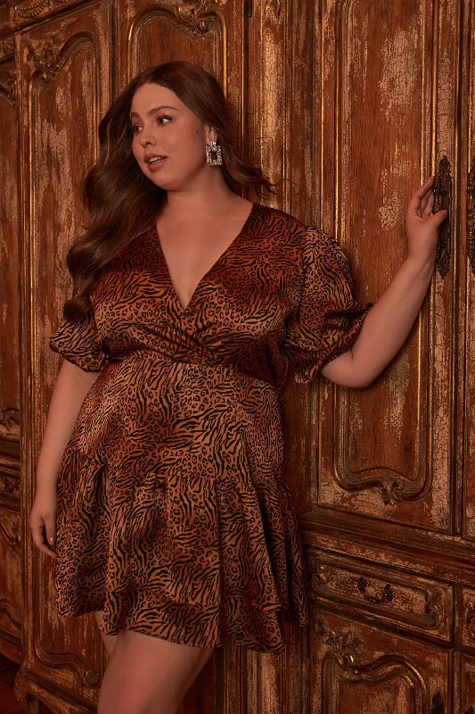 Find the Best Deals Here!Leonna Animal Print Surplice Puff Sleeve Mini Dress Curve