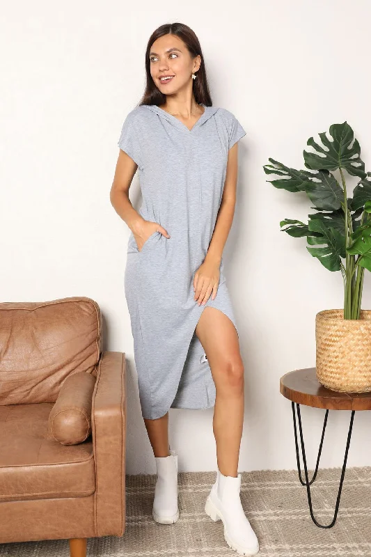 Stock Up and Save!Light Gray Short Sleeve Front Slit Hooded Midi Dress