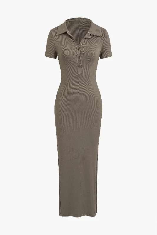Lowest Prices Guaranteed!Solid Slit Collar Midi Dress